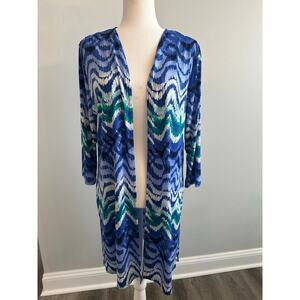 Chico’s Travelers Open Front Top Long Line Blue Green Casual Coastal  Size 2/ L